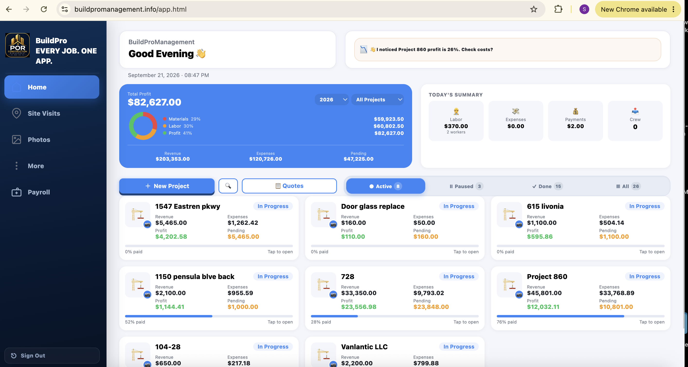 BuildPro dashboard on desktop